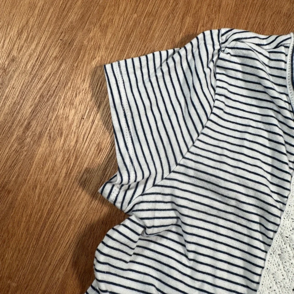 OshKosh B'gosh Peplum Top Kids Size 10 Navy White Stripe Lace Trim Short Sleeve